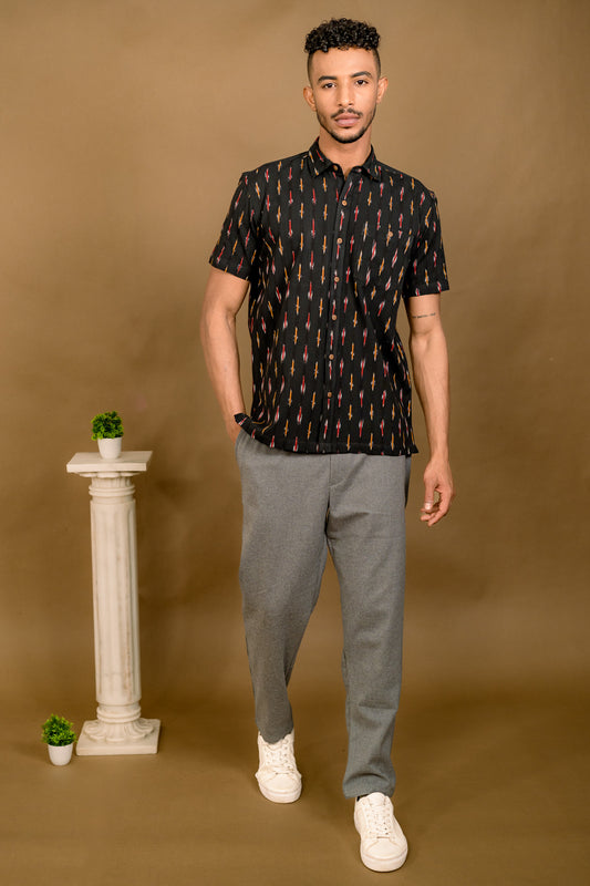 Short Sleeved Ikat Shirt - Black