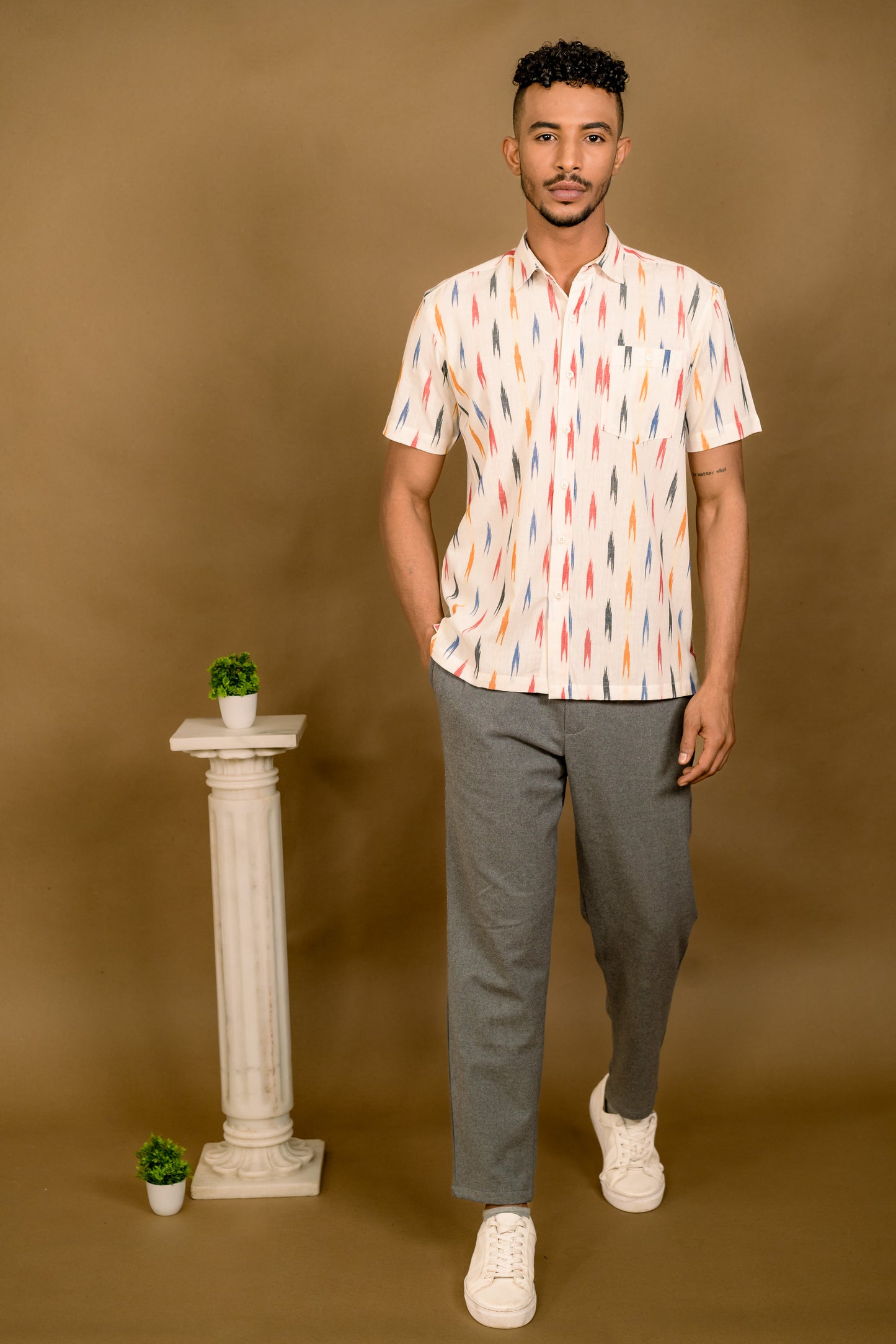 Short Sleeved Ikat Shirt- Cream