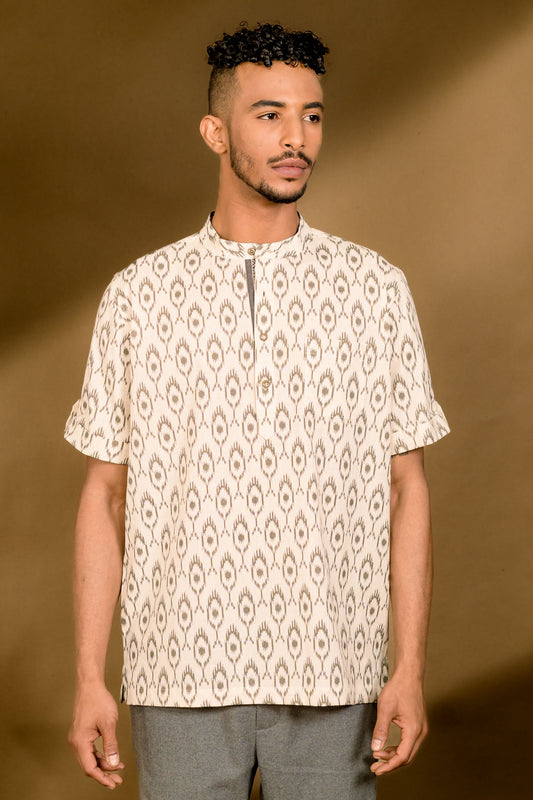 Ikat Print Mandarin Collar Shirt