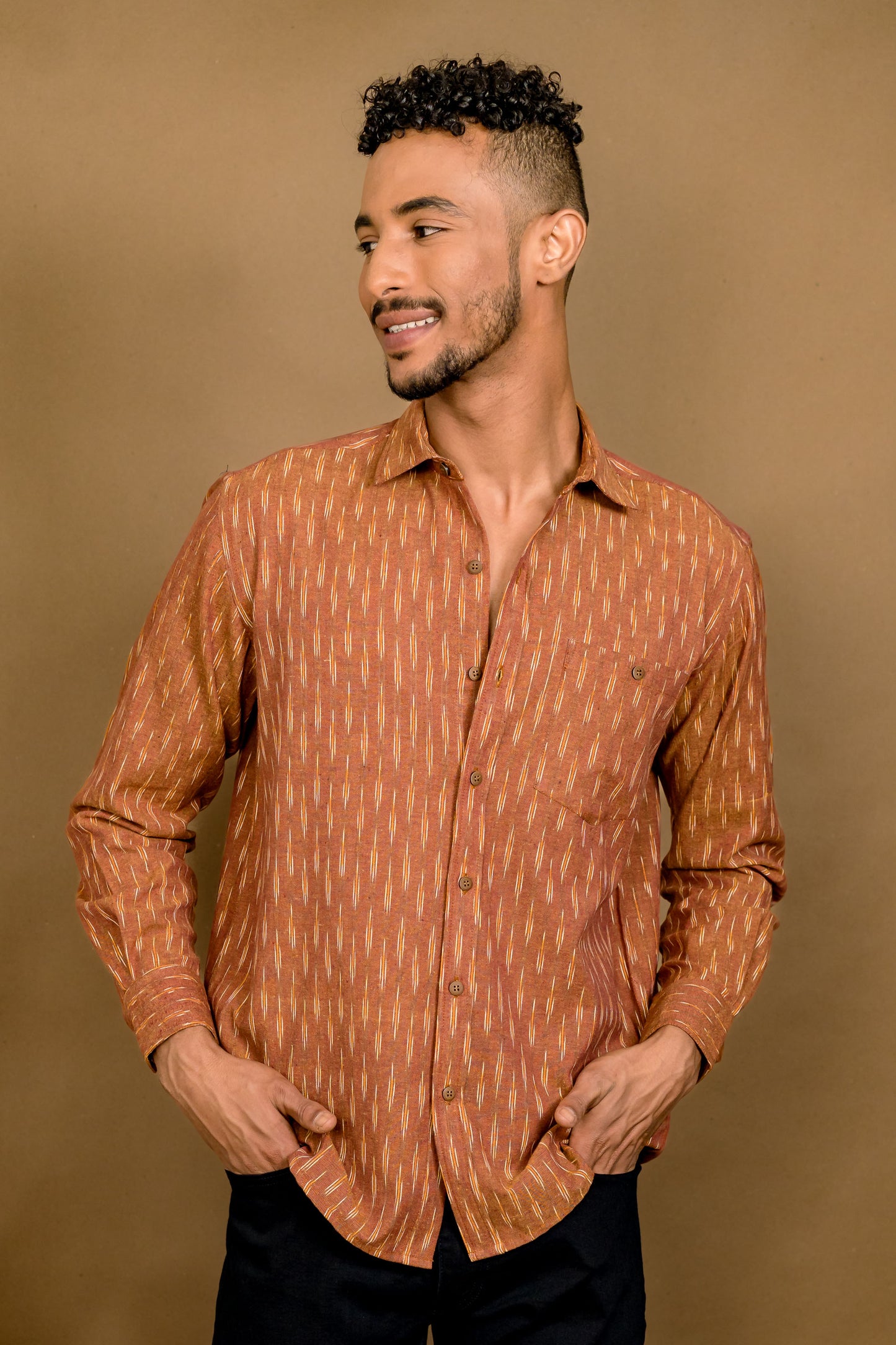 Short Sleeved Ikat Shirt - Brown