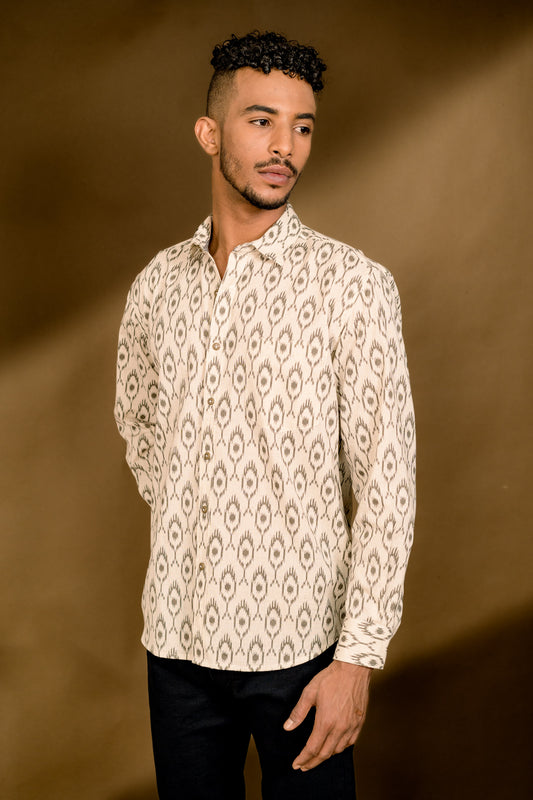 Long Sleeve Ikat Printed Men's Shirt - Cream