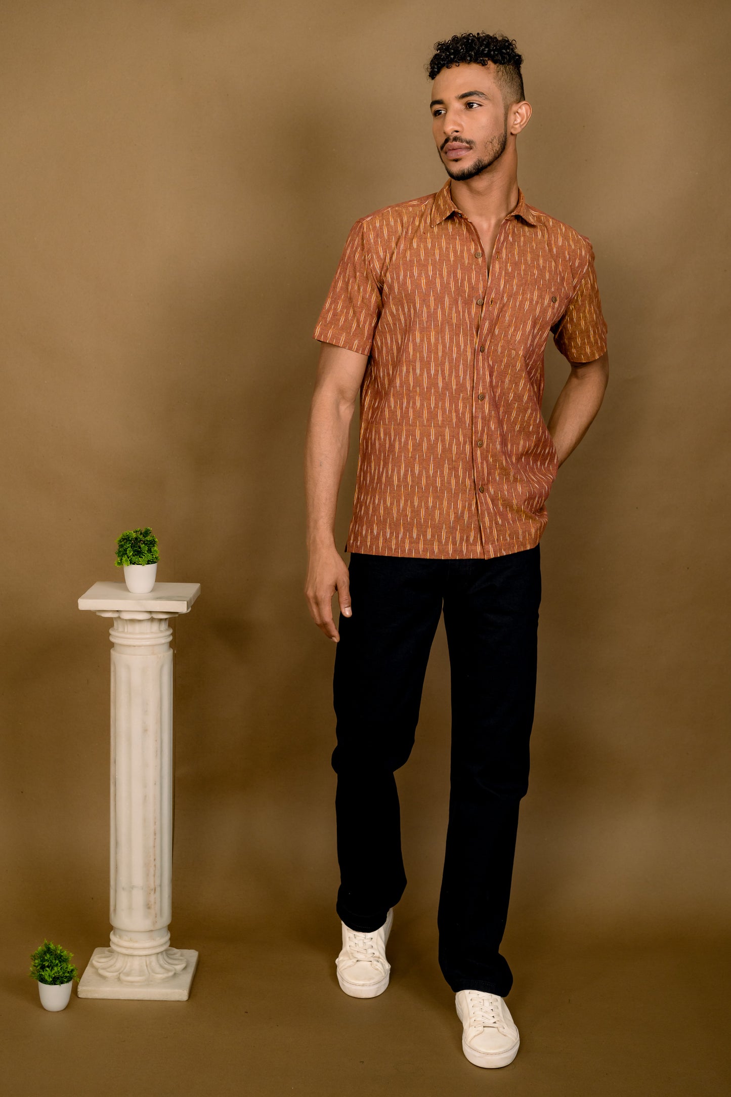 Short Sleeved Ikat Shirt - Brown